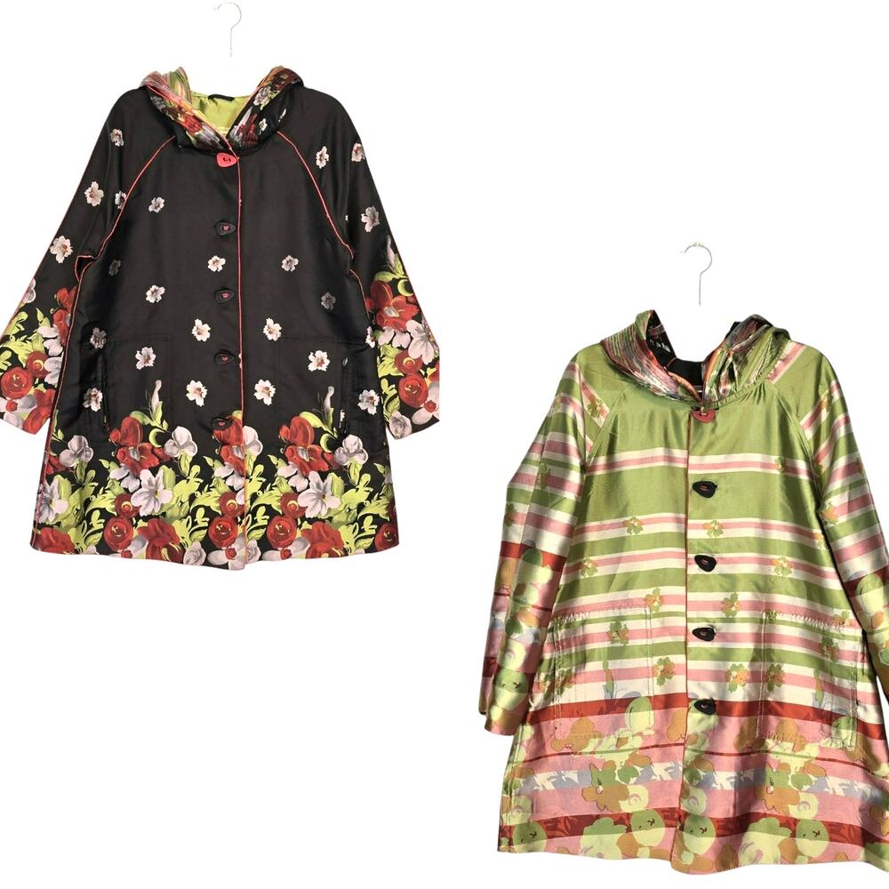 UBU Reversible Mid Length Jacket Pleated Hood Black Floral Striped Floral M